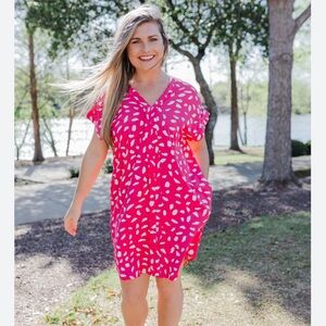 UMGEE Hot Pink White Dalmatian Print Sheath Dress Sz XL Pockets Short Sleeves